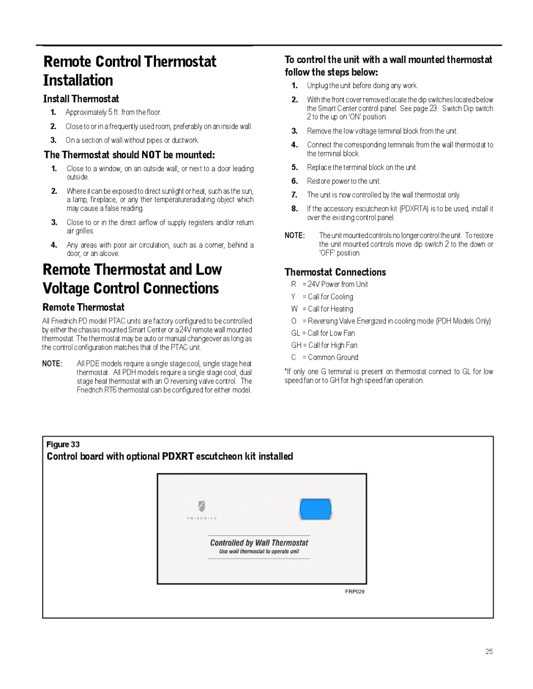 Friedrich 920-087-09 operation manual Remote Control Thermostat Installation 