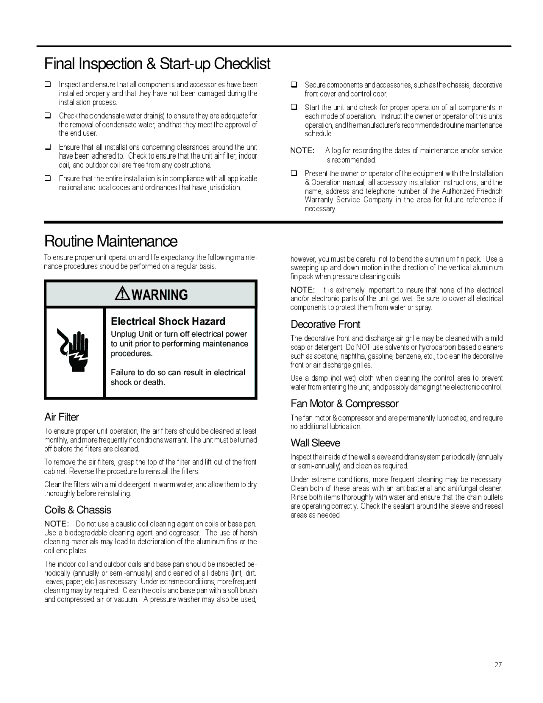 Friedrich 920-087-09 operation manual Routine Maintenance 