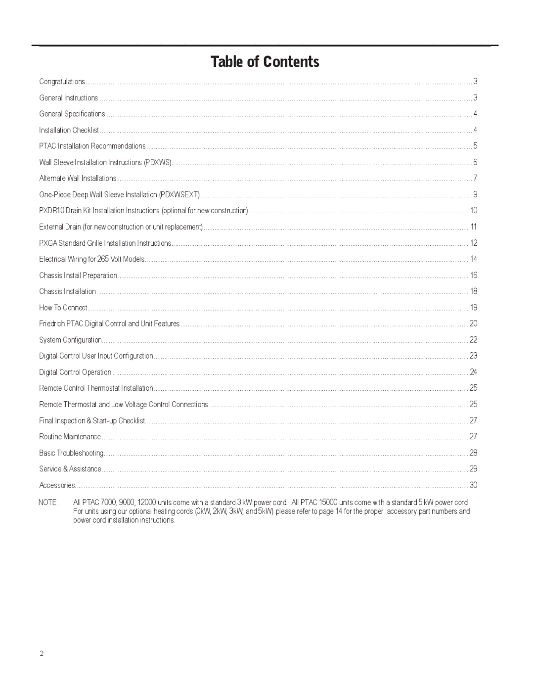 Friedrich 920-087-09 operation manual Table of Contents 