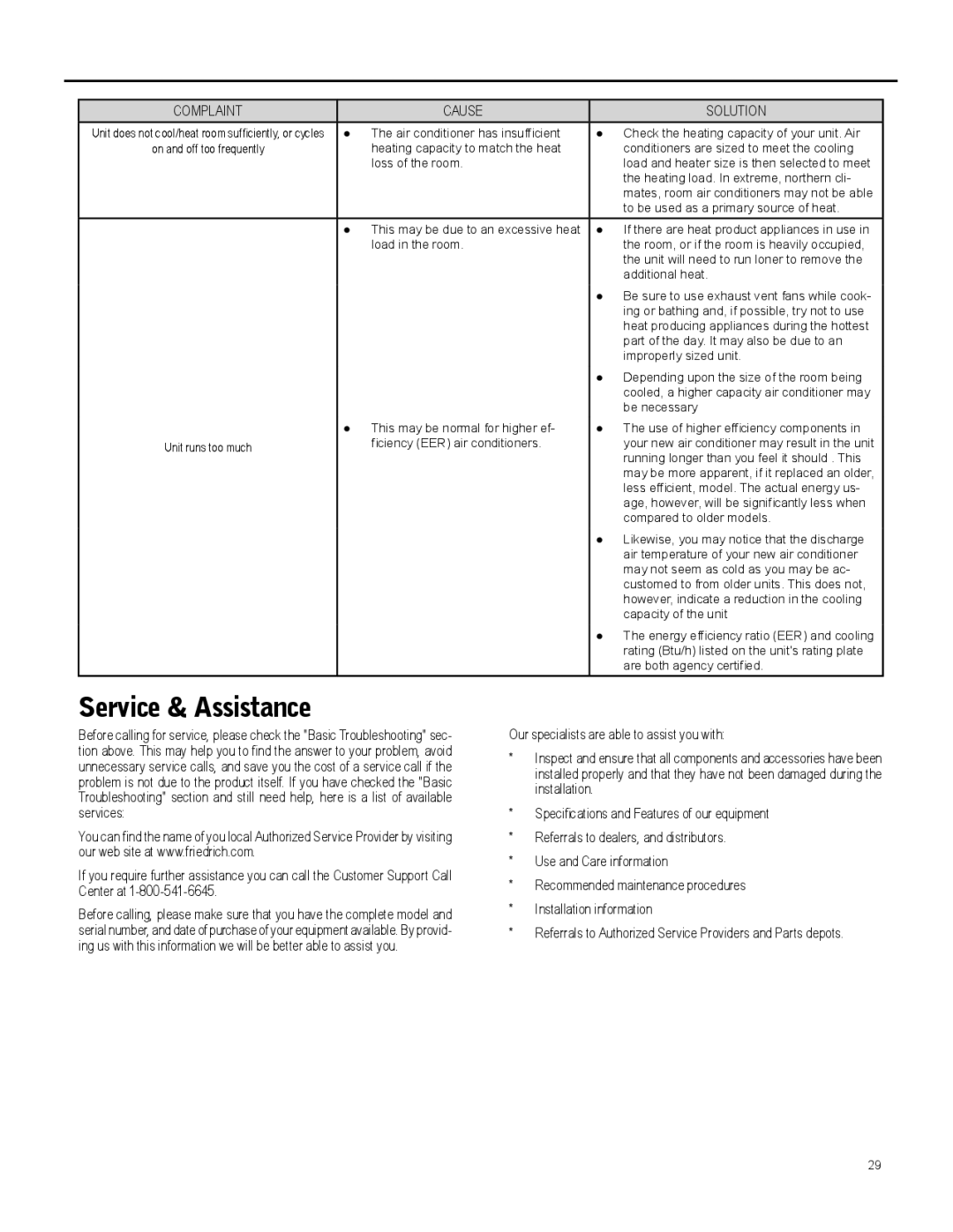 Friedrich 920-087-09 operation manual Service & Assistance 