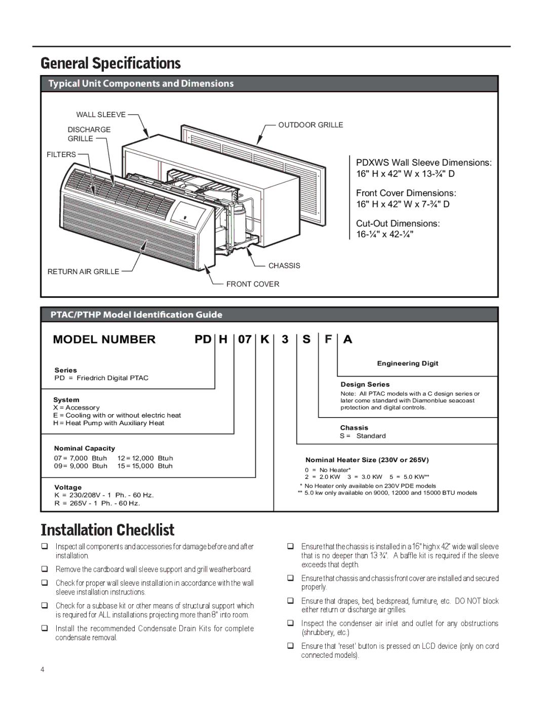 Friedrich 920-087-09 operation manual General Specifications, Installation Checklist 