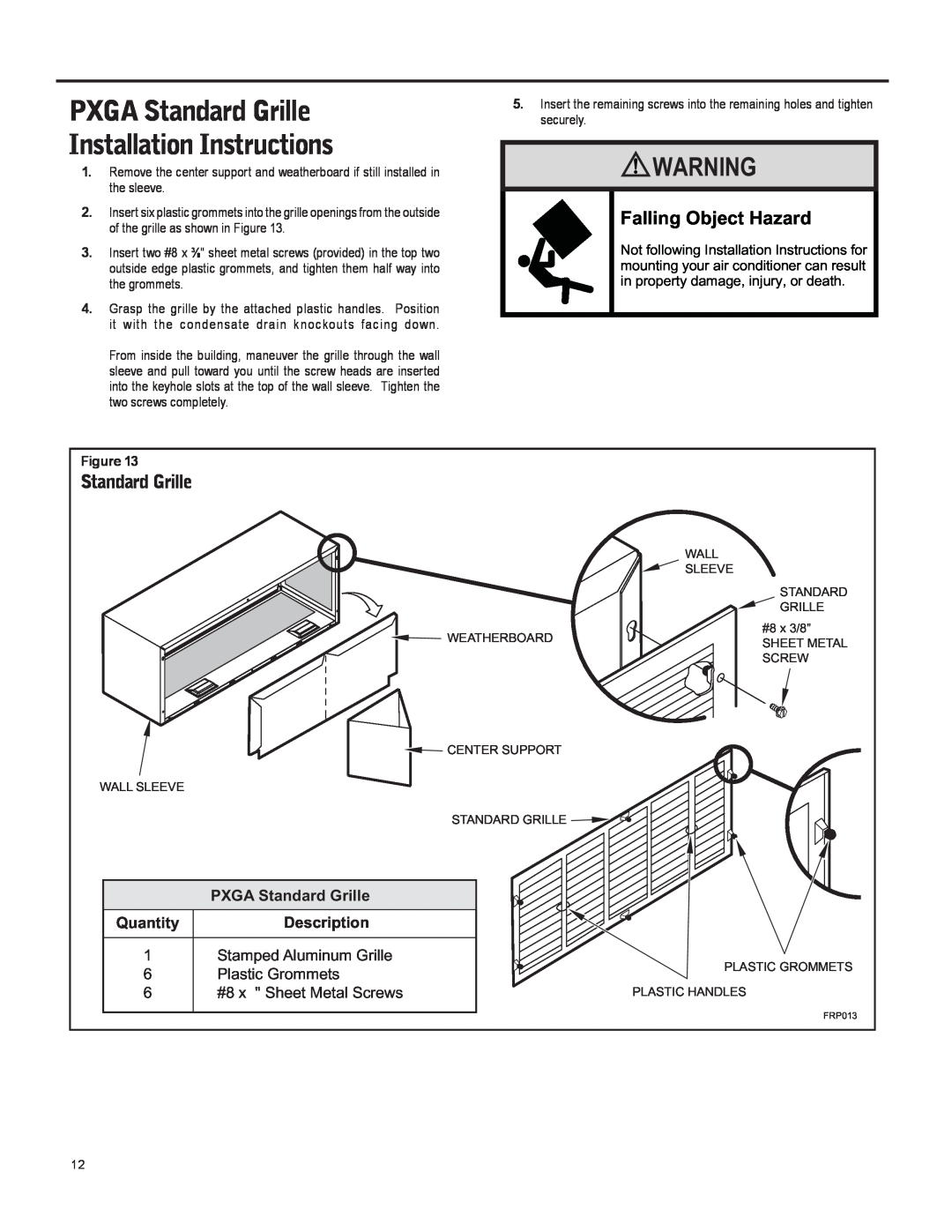 Friedrich 920-087-09 PXGA Standard Grille Installation Instructions, Falling Object Hazard, Quantity, Description 