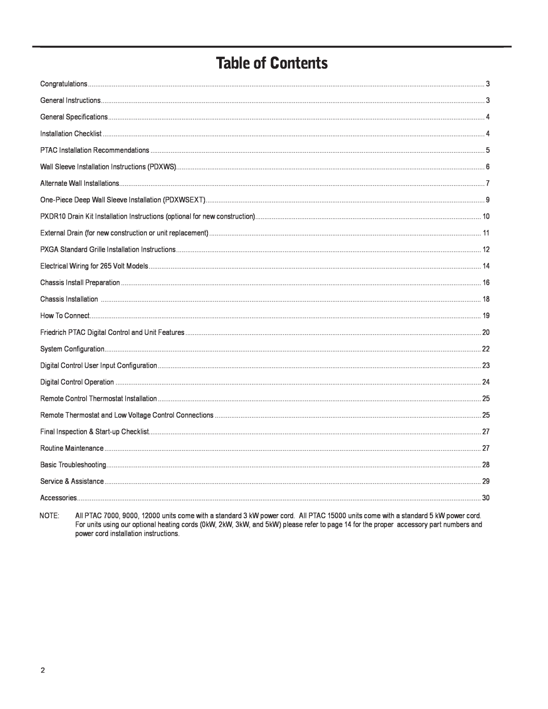 Friedrich 920-087-09 operation manual Table of Contents 