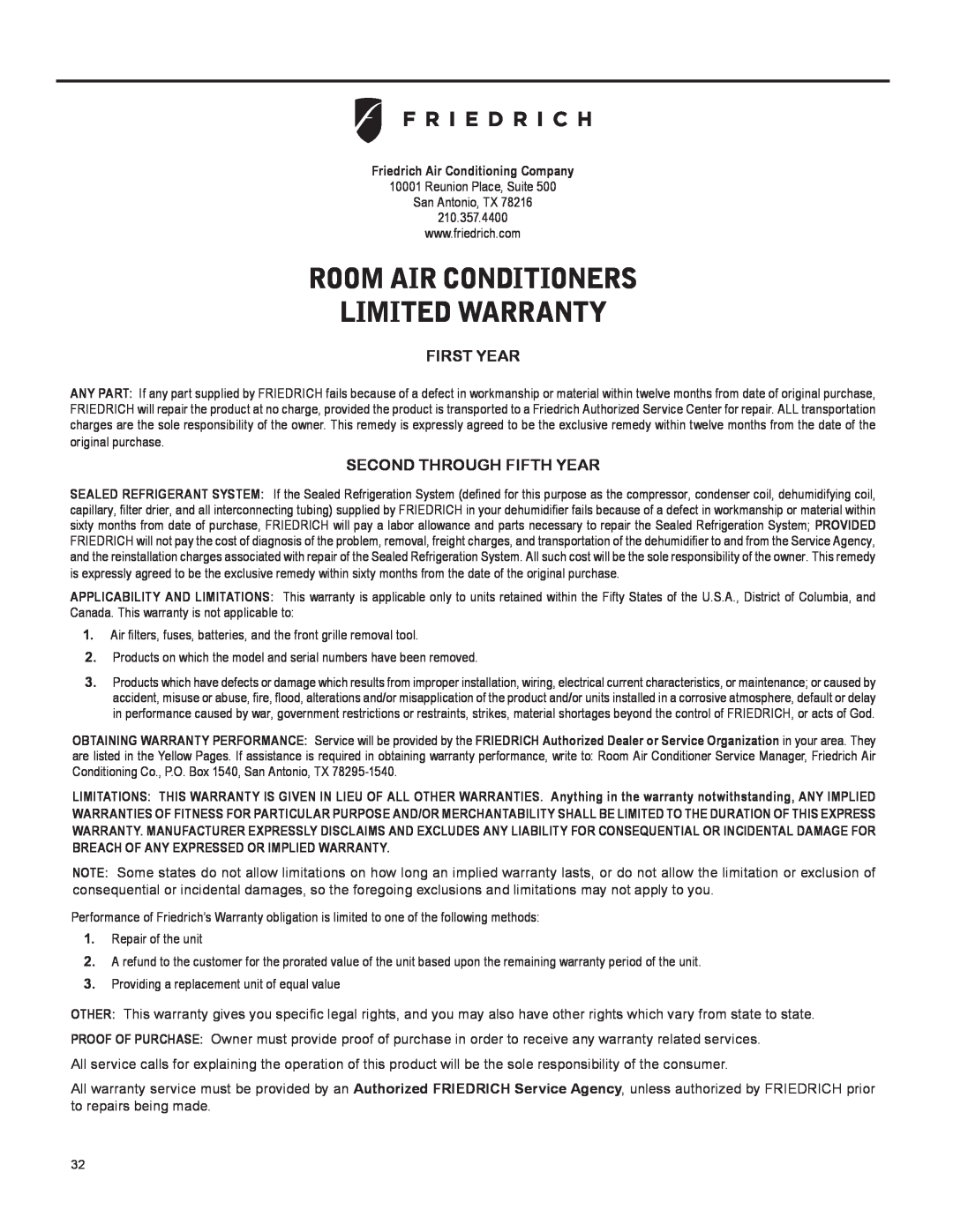 Friedrich 920-087-09 operation manual Room Air Conditioners Limited Warranty, First Year, Second Through Fifth Year 