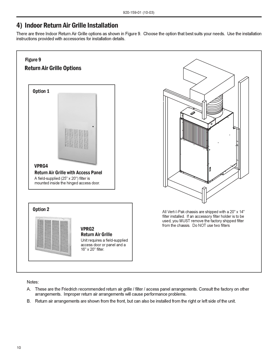 Friedrich 920-159-01 (10-03) operation manual Indoor Return Air Grille Installation, Return Air Grille Options 