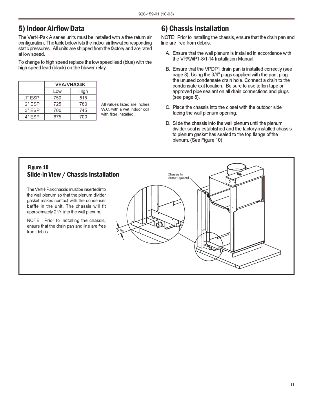 Friedrich 920-159-01 (10-03) operation manual Indoor Airflow Data, Slide-in View / Chassis Installation 