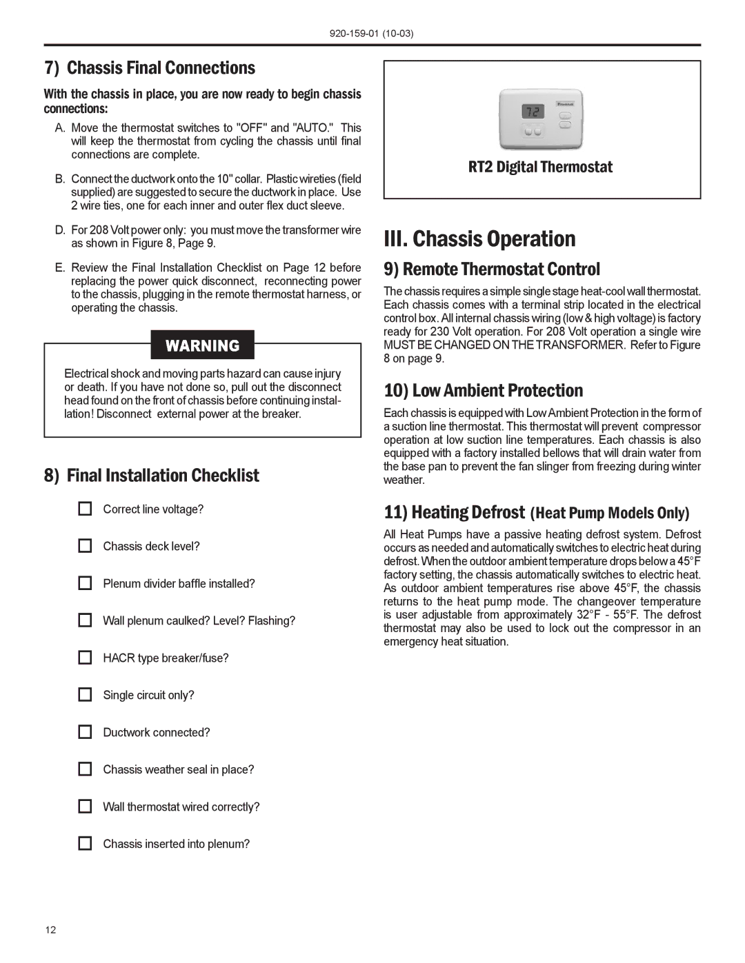 Friedrich 920-159-01 (10-03) III. Chassis Operation, Chassis Final Connections, Final Installation Checklist 