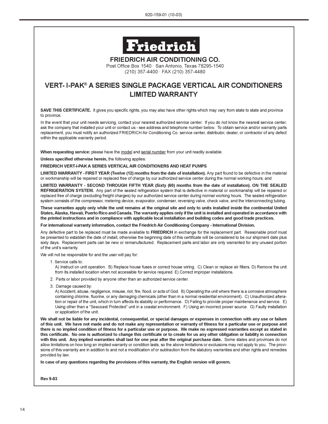 Friedrich 920-159-01 (10-03) operation manual Friedrich AIR Conditioning CO 