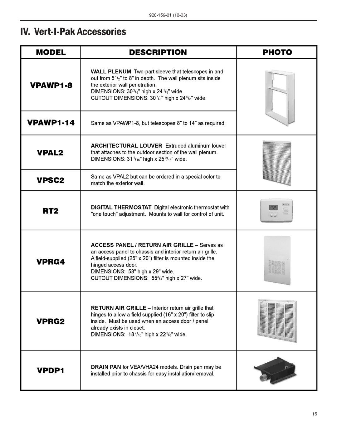 Friedrich 920-159-01 (10-03) operation manual IV. Vert-I-Pak Accessories, VPAWP1-8 