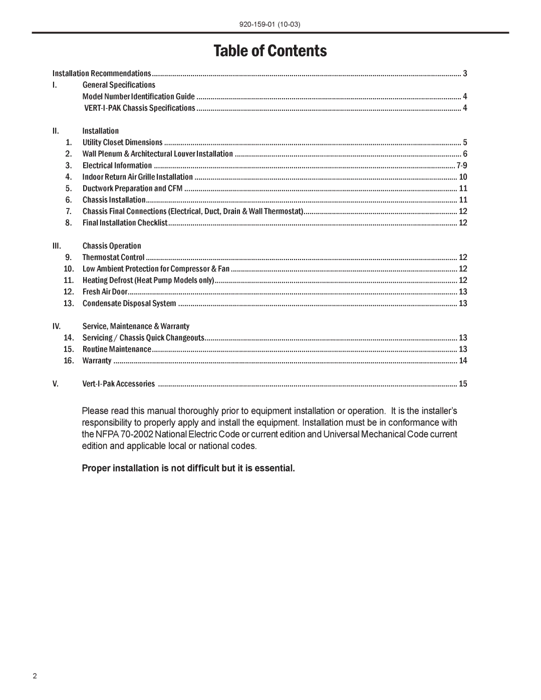 Friedrich 920-159-01 (10-03) operation manual Table of Contents 