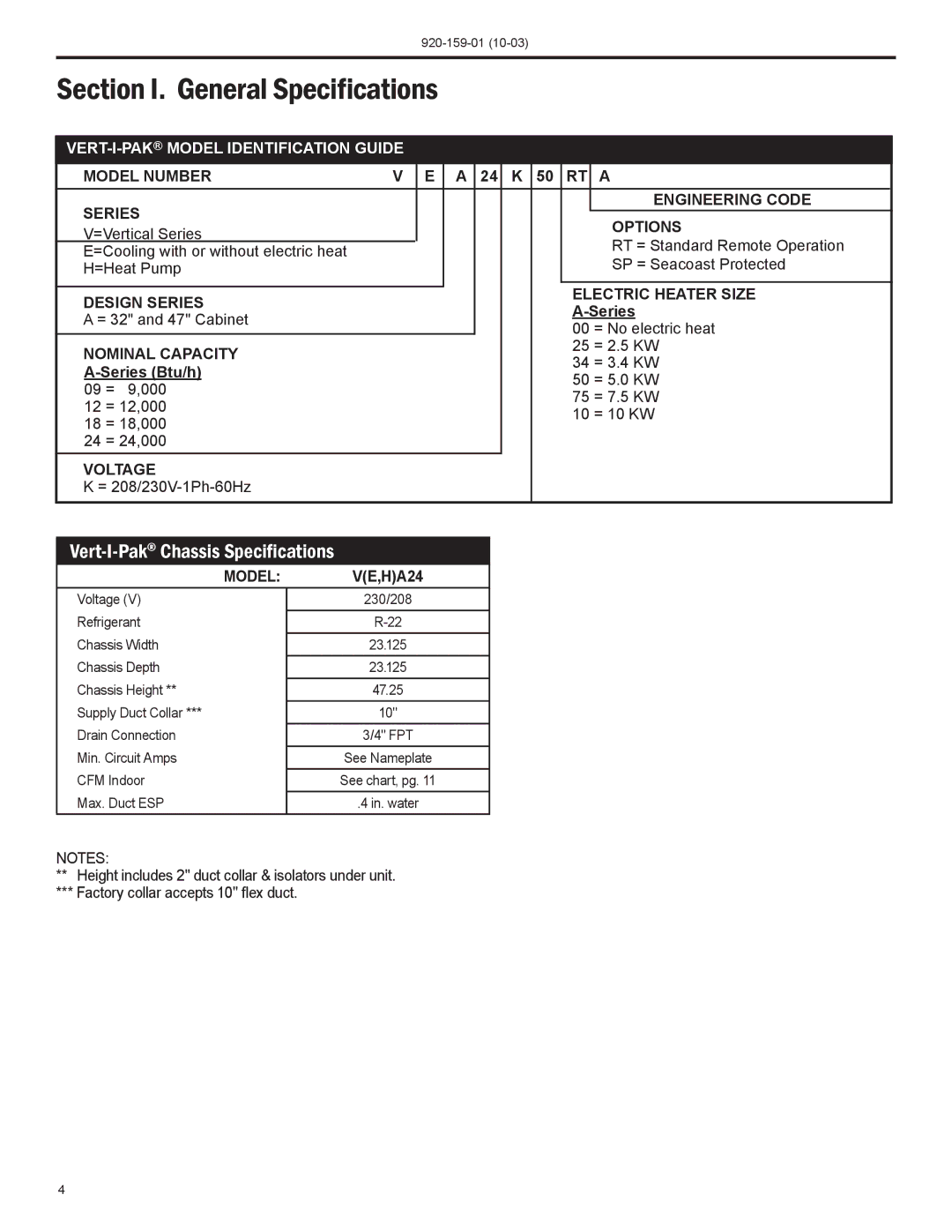 Friedrich 920-159-01 (10-03) operation manual Section I. General Specifications, VERT-I-PAKMODEL Identification Guide 