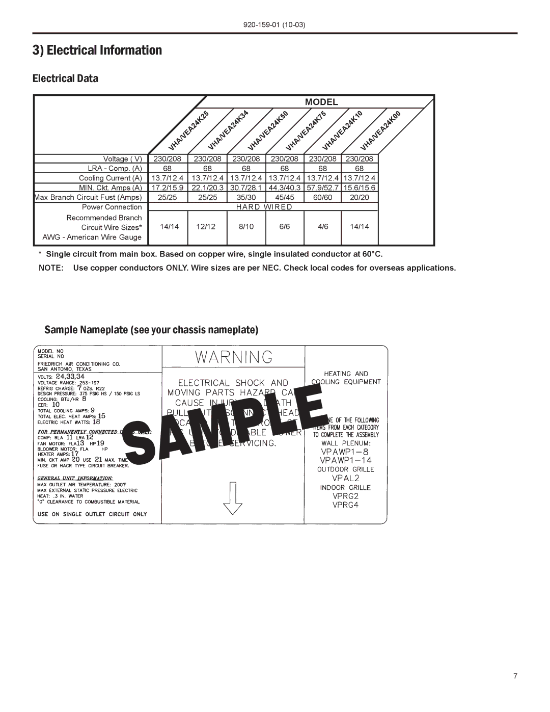 Friedrich 920-159-01 (10-03) operation manual Electrical Information, Electrical Data 