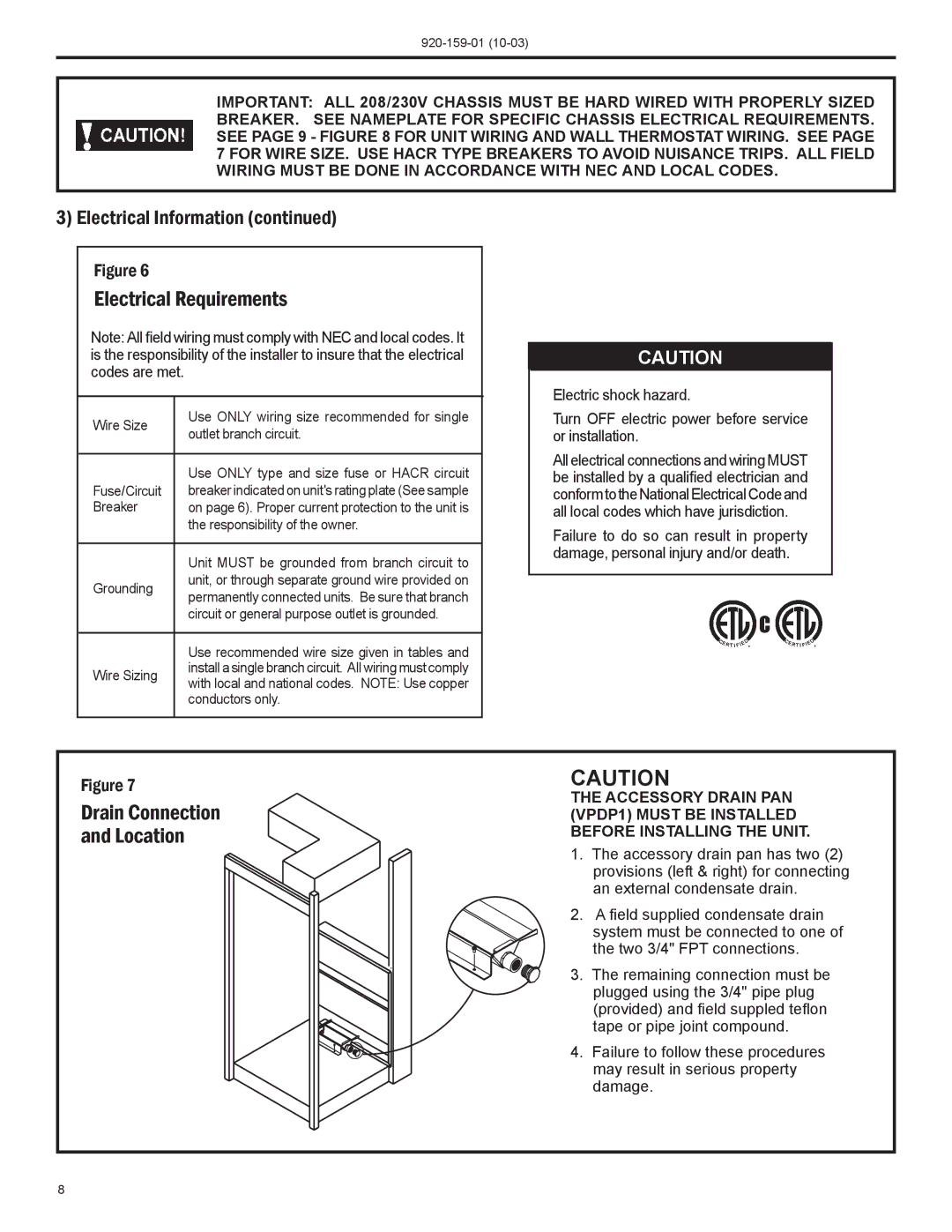 Friedrich 920-159-01 (10-03) operation manual Electrical Requirements, Grounding 