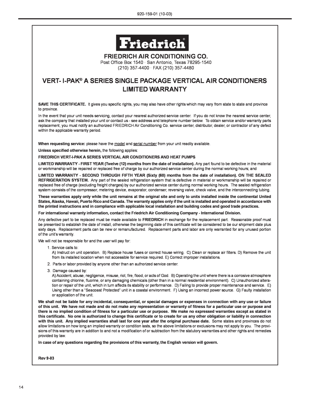 Friedrich 920-159-01 (10-03) operation manual Limited Warranty, Friedrich Air Conditioning Co 