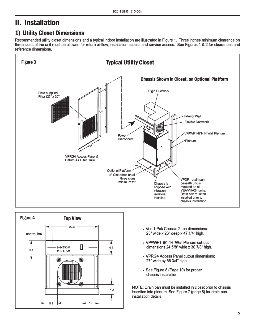 Friedrich 920-159-01 (10-03) operation manual II. Installation, Utility Closet Dimensions, Typical Utility Closet, Top View 