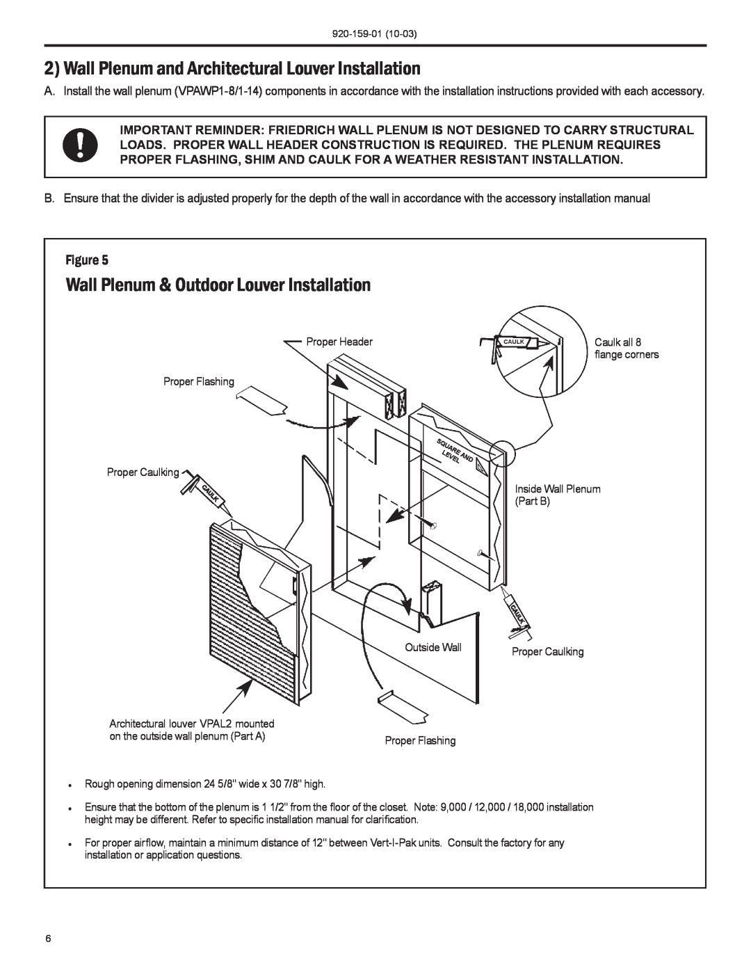 Friedrich 920-159-01 (10-03) operation manual Wall Plenum & Outdoor Louver Installation 