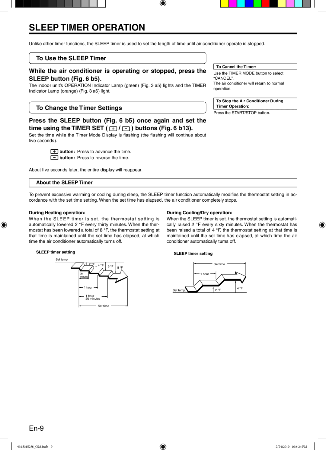 Friedrich 9315345288 manual Sleep Timer Operation, En-9, About the Sleep Timer, During Heating operation 