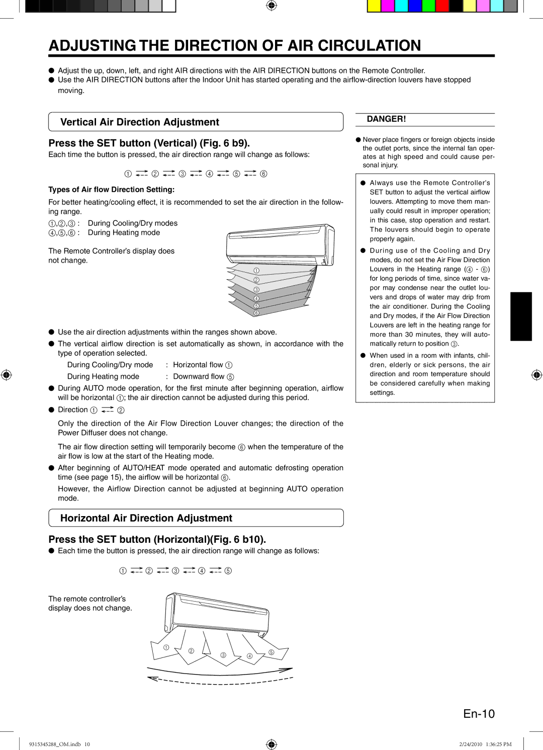 Friedrich 9315345288 manual Adjusting the Direction of AIR Circulation, En-10, Types of Air ﬂow Direction Setting 