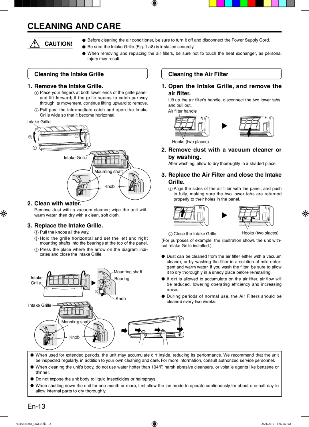 Friedrich 9315345288 manual Cleaning and Care, En-13 