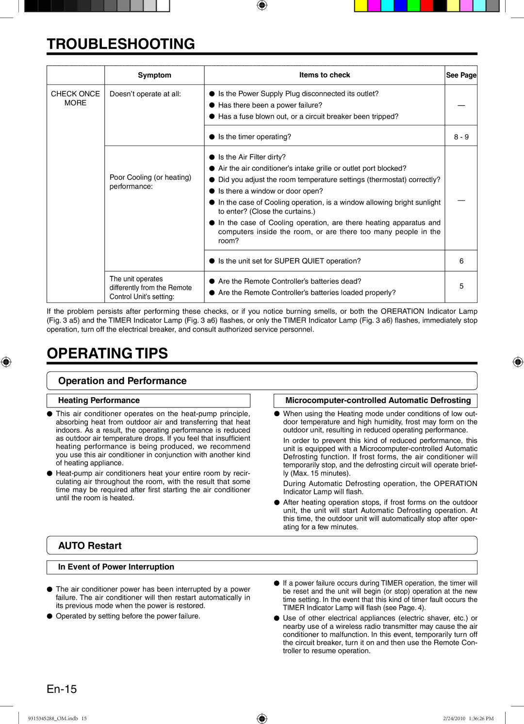 Friedrich 9315345288 manual Operating Tips, En-15, Operation and Performance, Auto Restart 