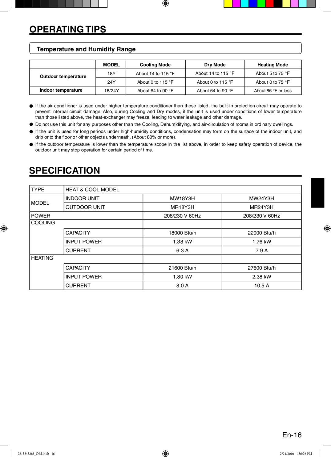 Friedrich 9315345288 manual Specification, En-16, Temperature and Humidity Range, Indoor temperature 