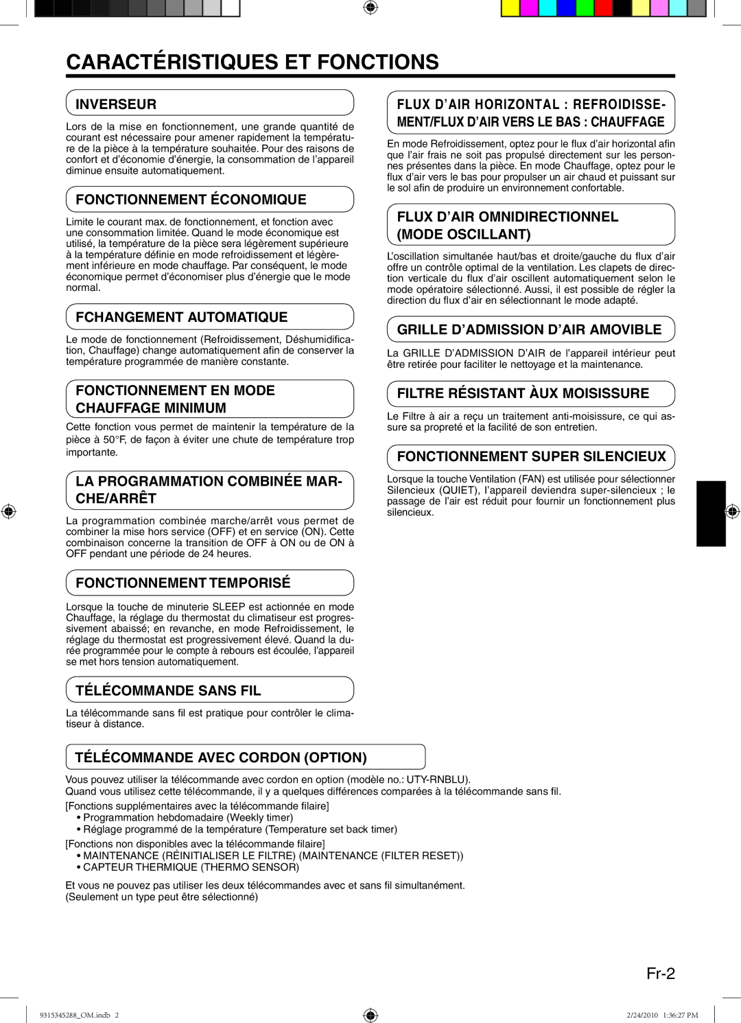 Friedrich 9315345288 manual Caractéristiques ET Fonctions, Fr-2 