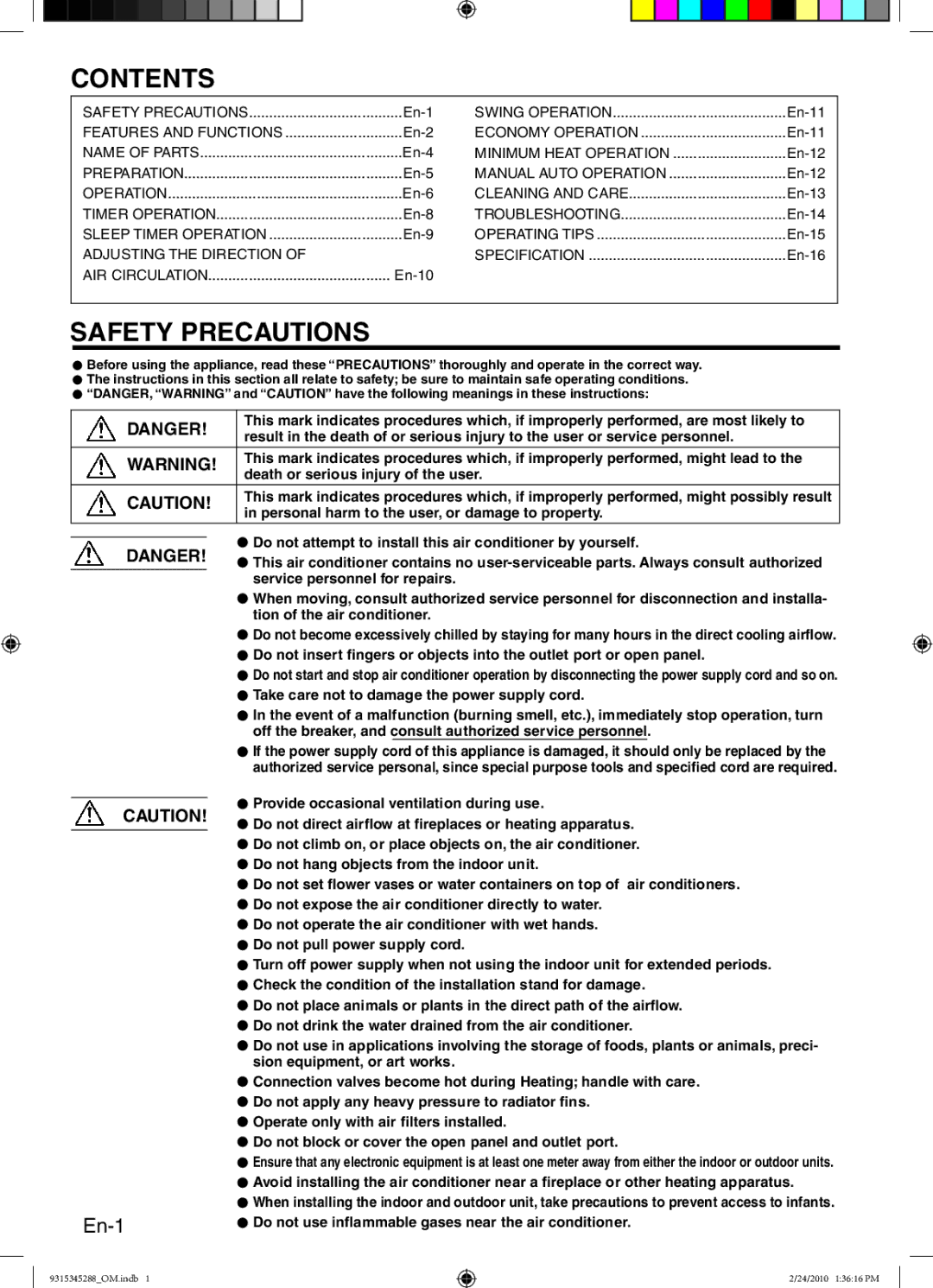 Friedrich 9315345288 manual Contents, Safety Precautions 