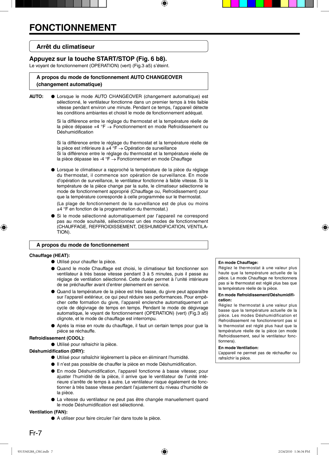 Friedrich 9315345288 Fr-7, Arrêt du climatiseur Appuyez sur la touche START/STOP b8, Propos du mode de fonctionnement 