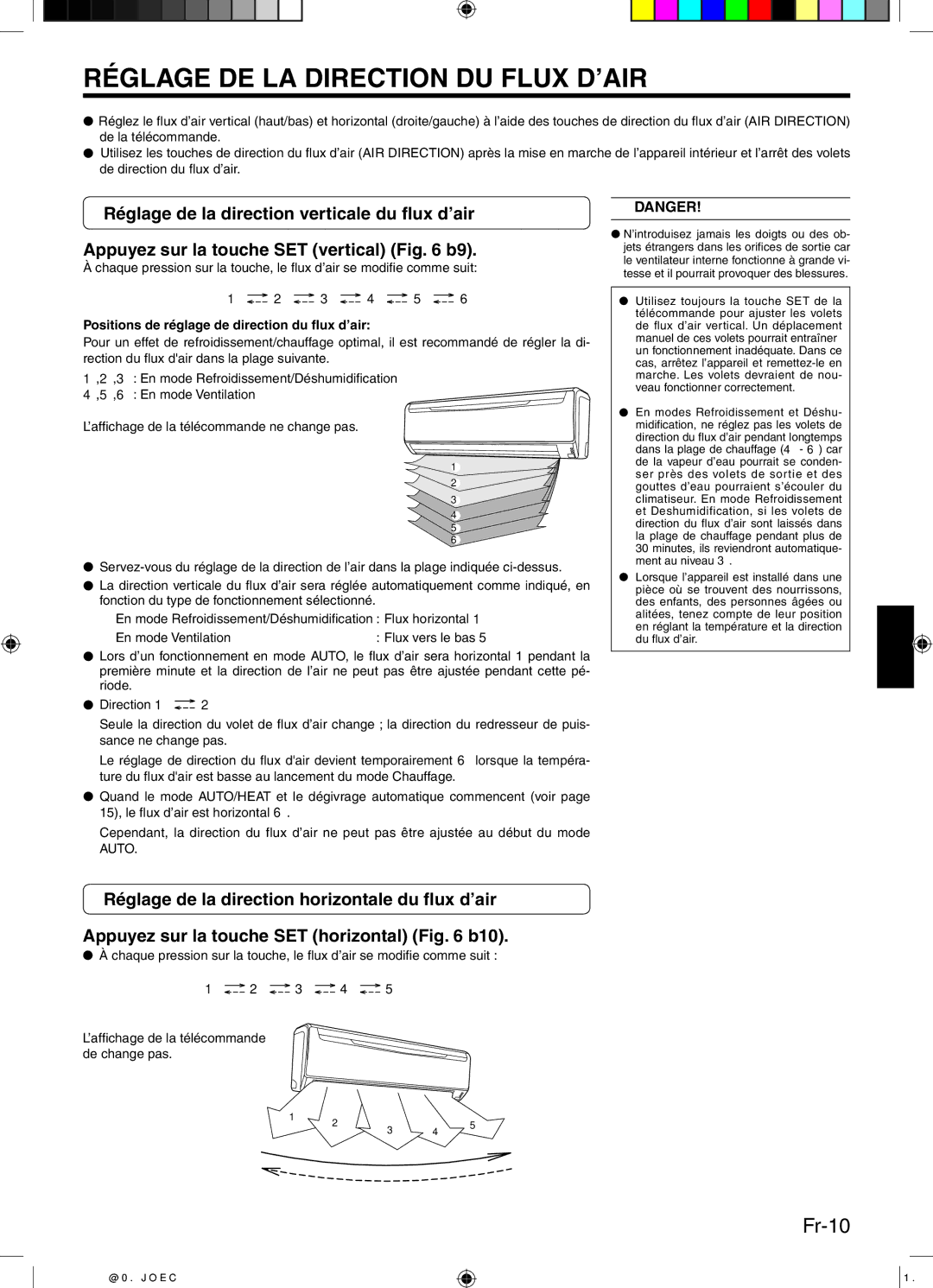 Friedrich 9315345288 manual Réglage DE LA Direction DU Flux D’AIR, Fr-10, Positions de réglage de direction du ﬂux d’air 