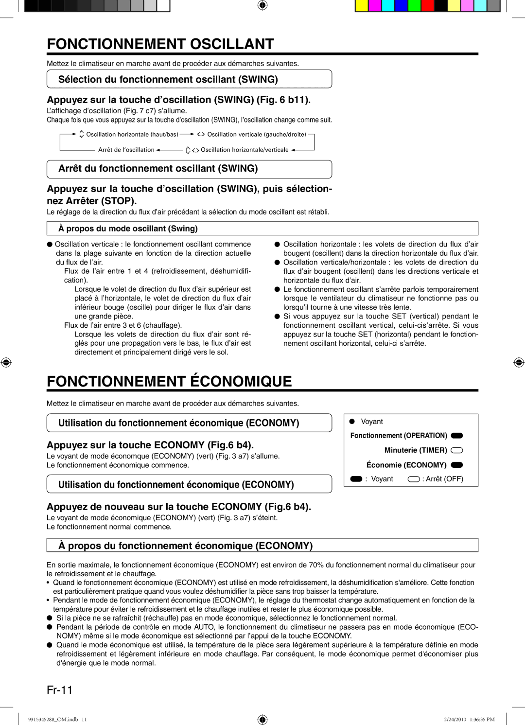 Friedrich 9315345288 manual Fonctionnement Oscillant, Fonctionnement Économique, Fr-11, Propos du mode oscillant Swing 