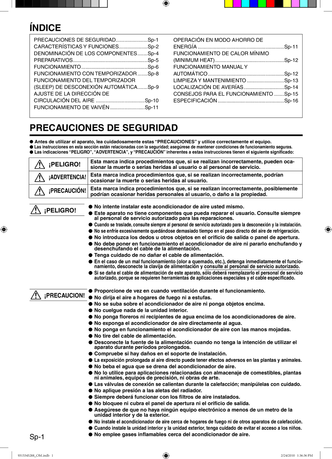 Friedrich 9315345288 manual Índice, Precauciones DE Seguridad, Sp-1, Ocasionar la muerte o serias heridas al usuario 