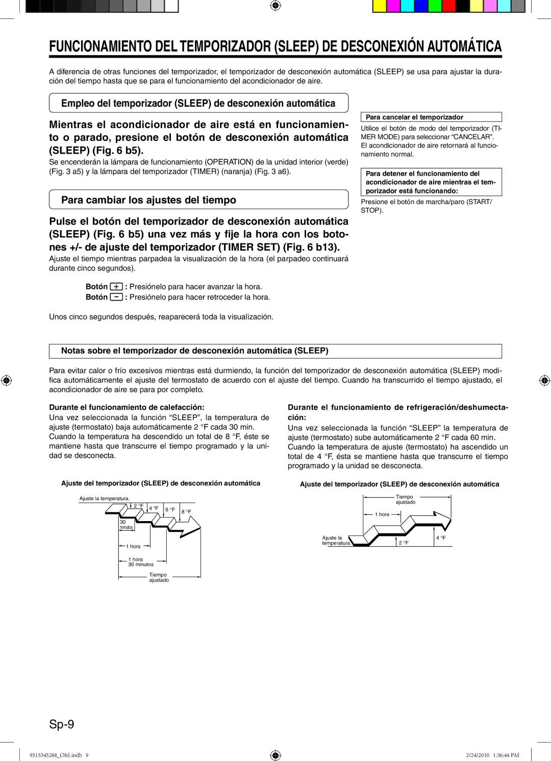 Friedrich 9315345288 Sp-9, Para cambiar los ajustes del tiempo, Empleo del temporizador Sleep de desconexión automática 