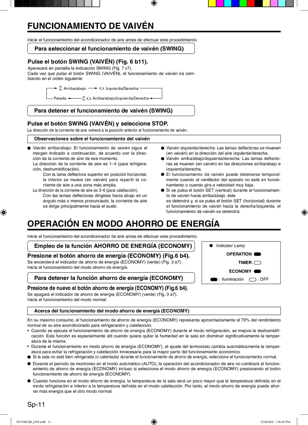 Friedrich 9315345288 manual Funcionamiento DE Vaivén, Operación EN Modo Ahorro DE Energía, Sp-11 