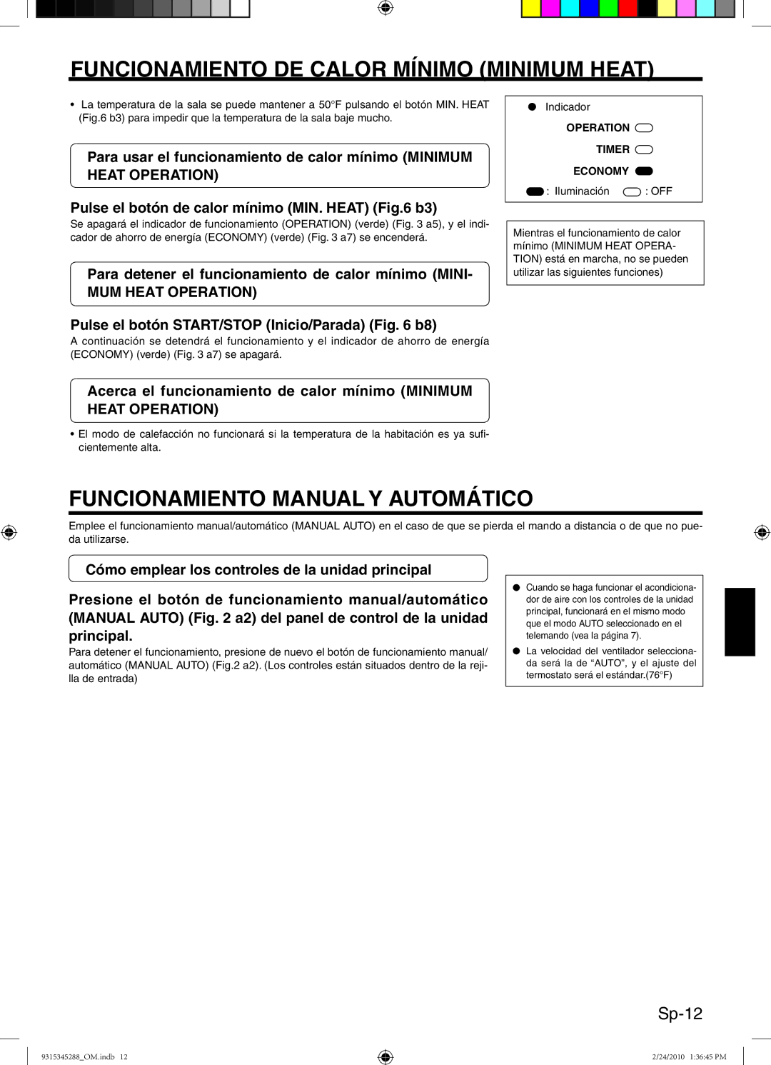 Friedrich 9315345288 manual Funcionamiento DE Calor Mínimo Minimum Heat, Funcionamiento Manual Y Automático, Sp-12 