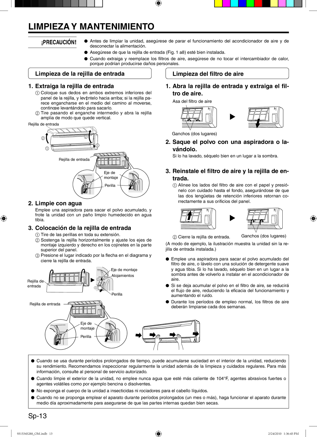 Friedrich 9315345288 manual Limpieza Y Mantenimiento, Sp-13 