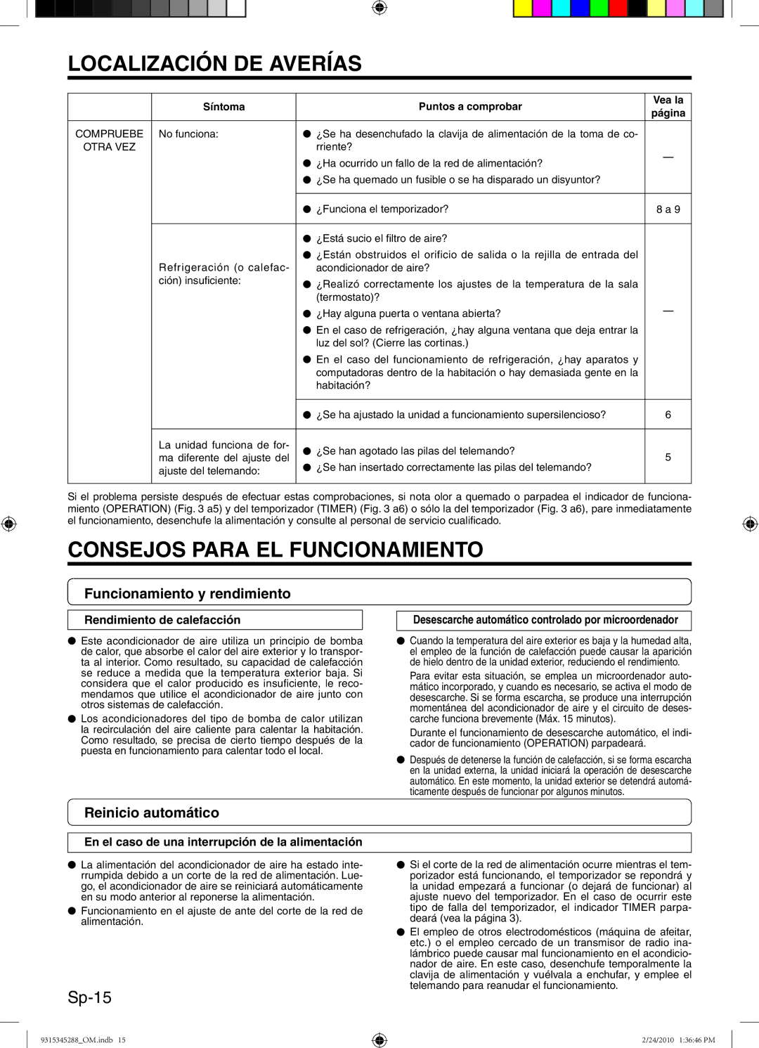 Friedrich 9315345288 manual Consejos Para EL Funcionamiento, Sp-15, Funcionamiento y rendimiento, Reinicio automático 