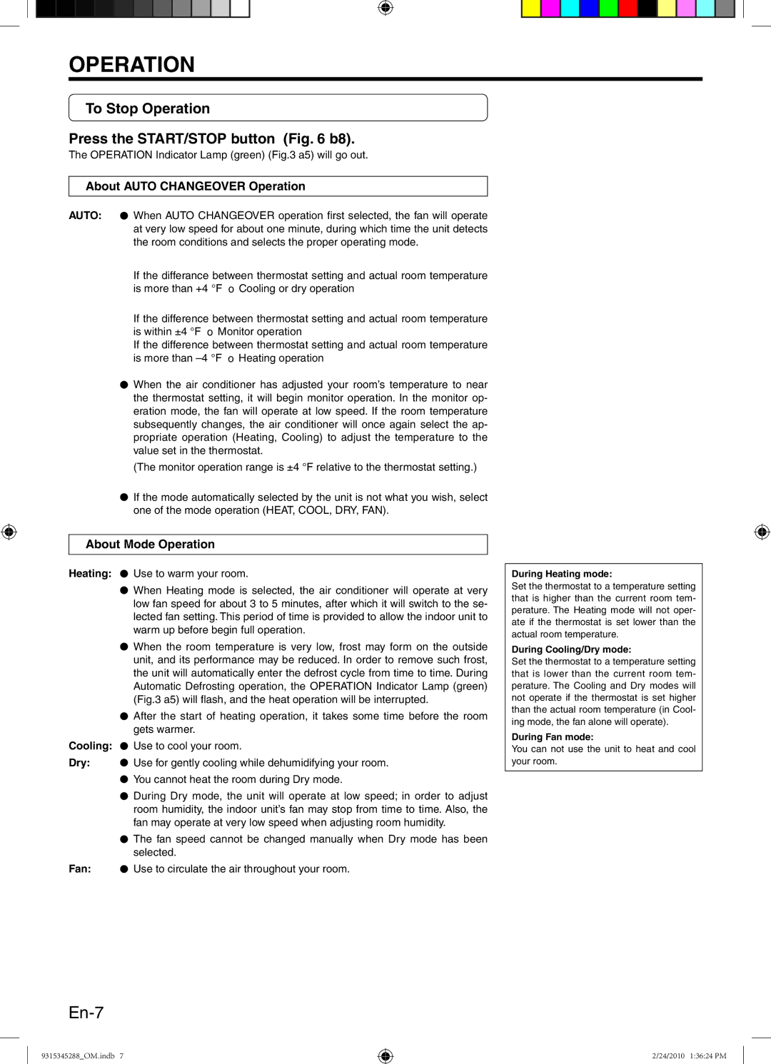 Friedrich 9315345288 manual En-7, To Stop Operation Press the START/STOP button b8, About Auto Changeover Operation 