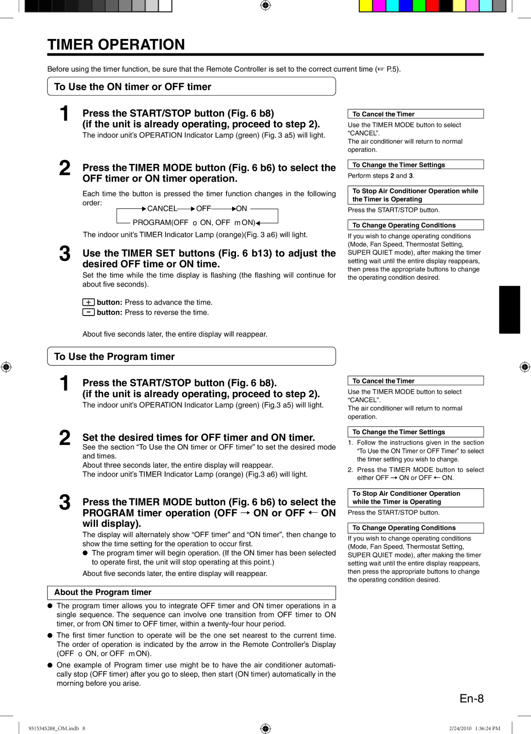 Friedrich 9315345288 manual Timer Operation, En-8 