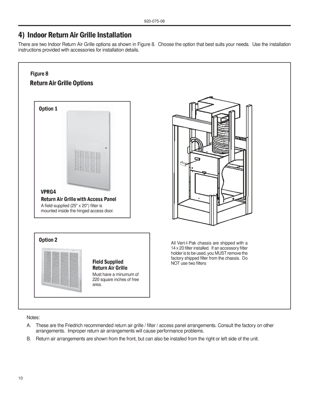 Friedrich A-SERIES manual Indoor Return Air Grille Installation, Return Air Grille Options 