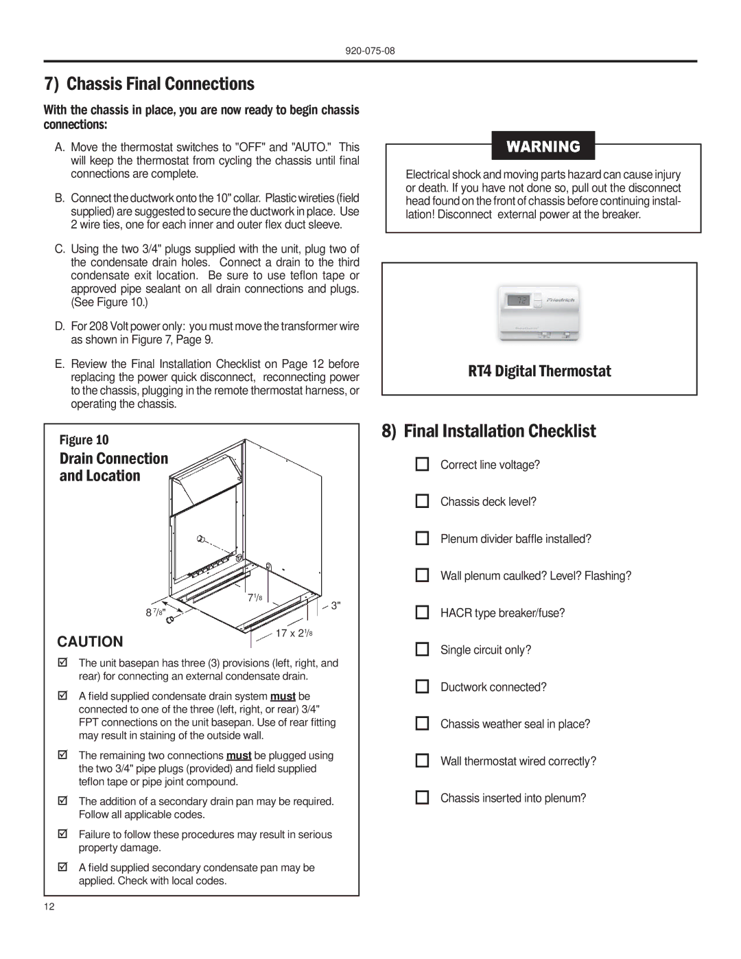 Friedrich A-SERIES manual Chassis Final Connections, Final Installation Checklist, Drain Connection Location 