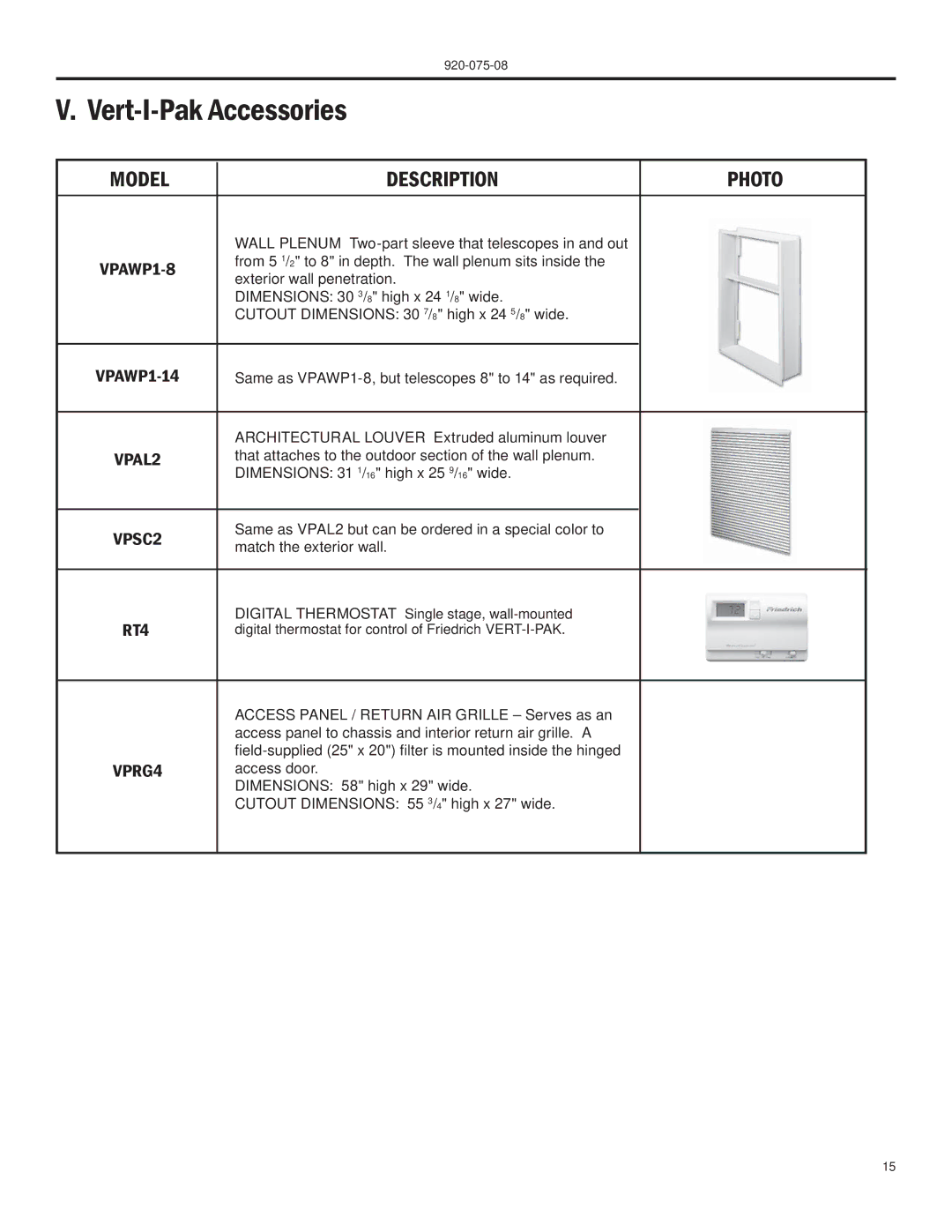 Friedrich A-SERIES manual Vert-I-Pak Accessories, Model Description Photo 