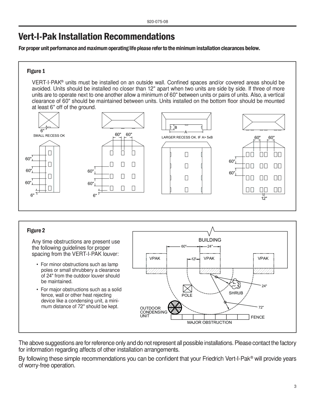 Friedrich A-SERIES manual Vert-I-Pak Installation Recommendations 