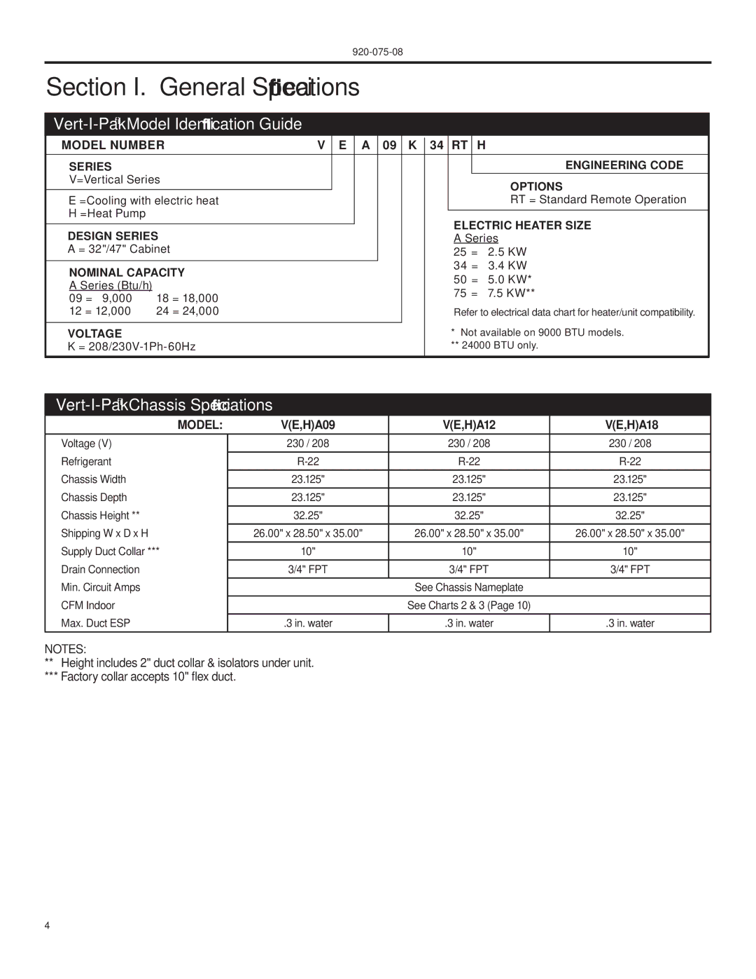 Friedrich A-SERIES manual Section I. General Speciﬁcations, Vert-I-PakModel Identiﬁcation Guide 