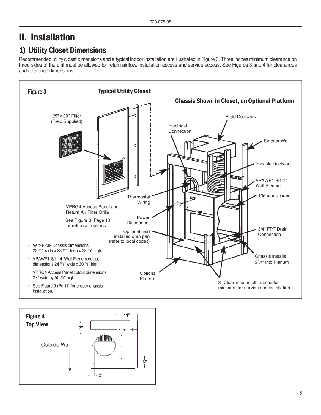 Friedrich A-SERIES manual II. Installation, Utility Closet Dimensions, Typical Utility Closet, Top View 