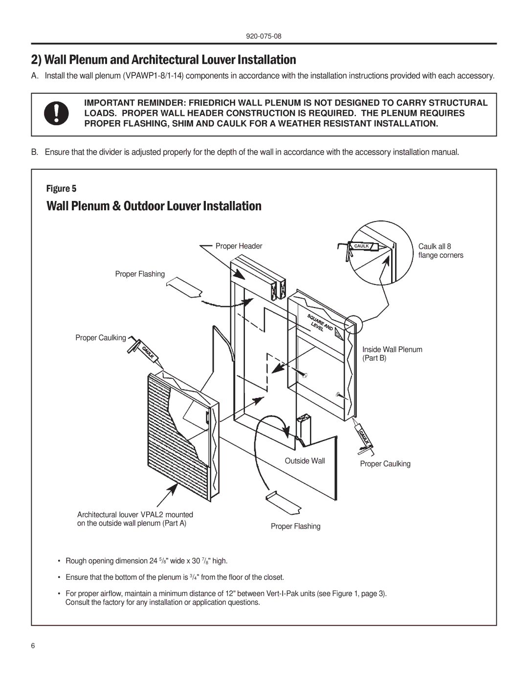 Friedrich A-SERIES manual Wall Plenum and Architectural Louver Installation, Wall Plenum & Outdoor Louver Installation 