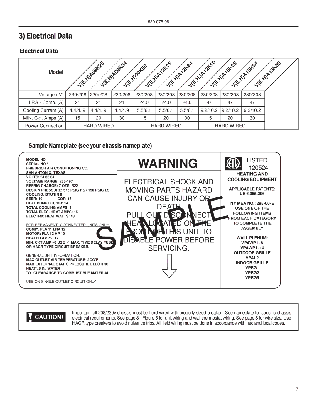 Friedrich A-SERIES manual Electrical Data, Sample Nameplate see your chassis nameplate 