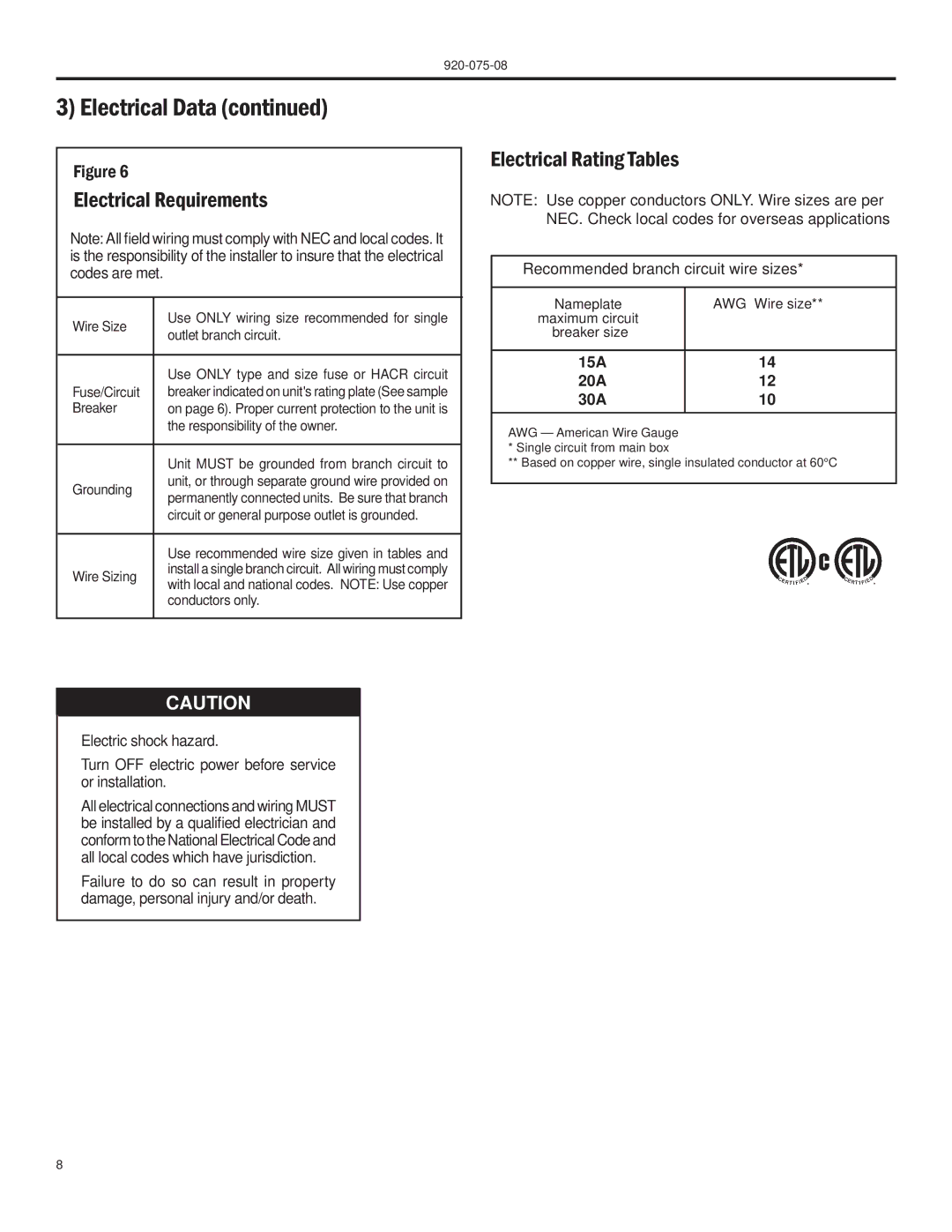 Friedrich A-SERIES manual Electrical Requirements, Electrical Rating Tables 