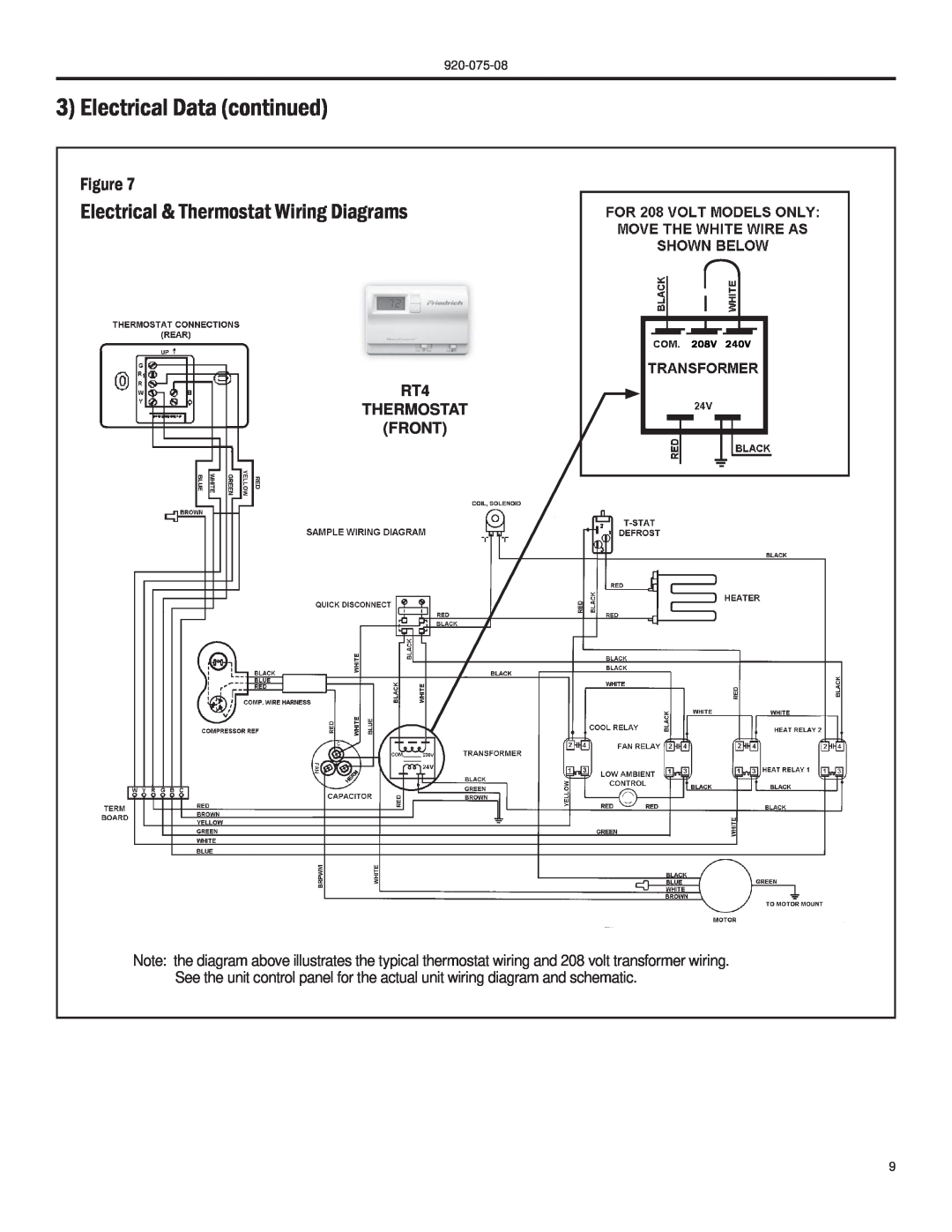 Friedrich A-SERIES manual Electrical & Thermostat Wiring Diagrams, Electrical Data continued, RT4 THERMOSTAT FRONT, 208V 