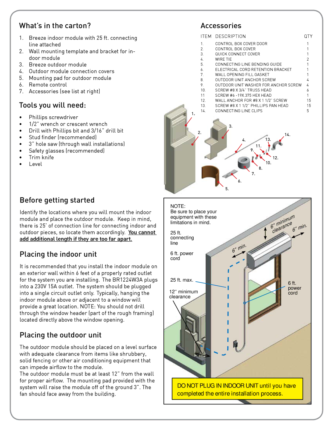 Friedrich BR1224W3A, Breeze What’s in the carton?, Tools you will need, Before getting started Accessories 