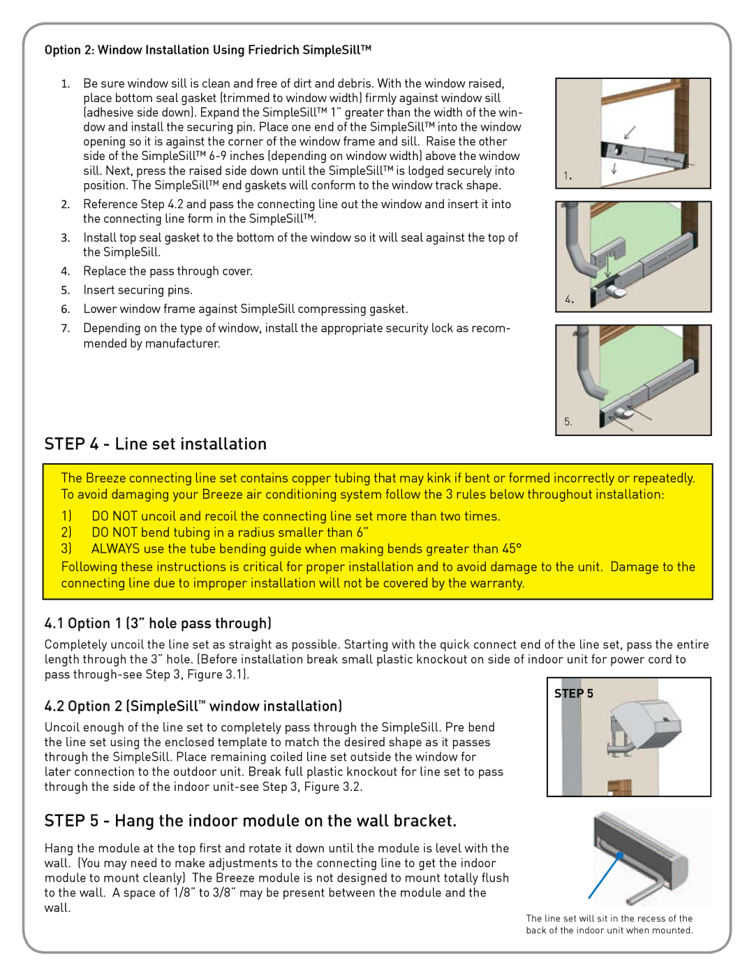 Friedrich Breeze, BR1224W3A installation instructions Line set installation, Hang the indoor module on the wall bracket 